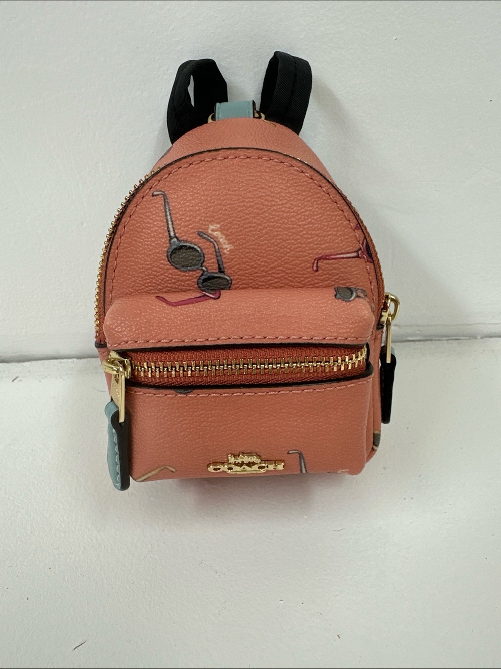 COACH LEATHER Mini Backpack Bag Keychain with Sunglasses Design
